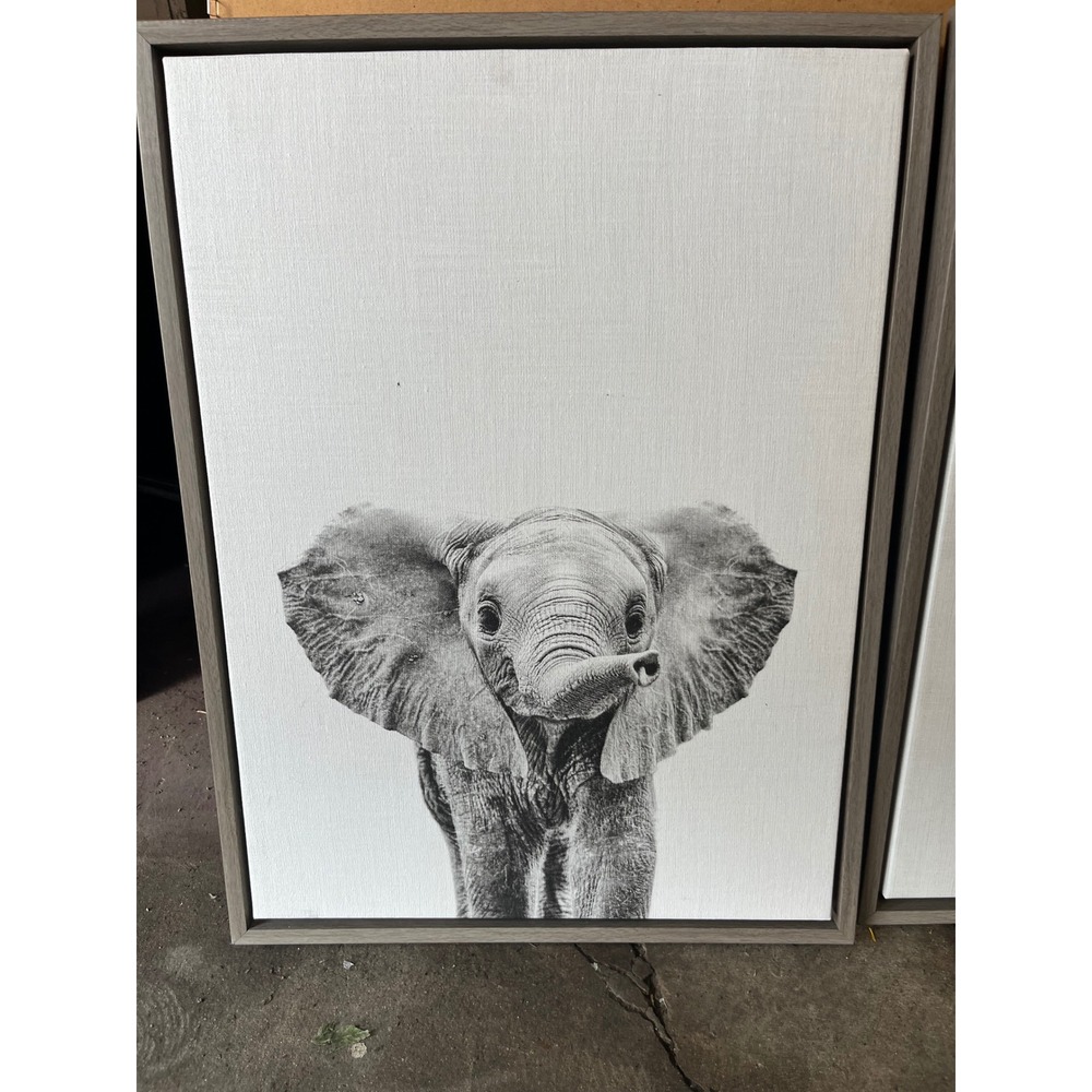 Set of 2 Safari Animal Framed Canvas Wall Art Baby Elephant & Giraffe B&W Prints